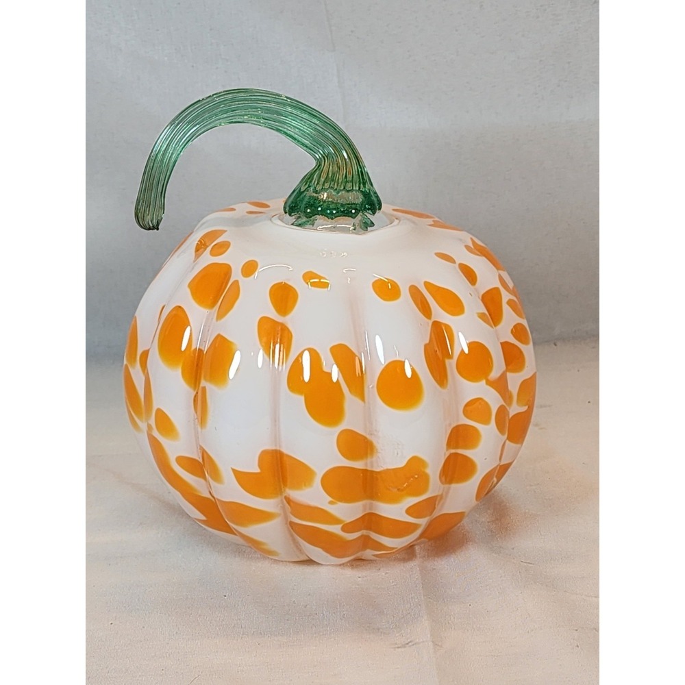 Hand Blown Art Glass Orange & White Pumpkin W/ Green‎ Stem Table Fall Decor Wow!